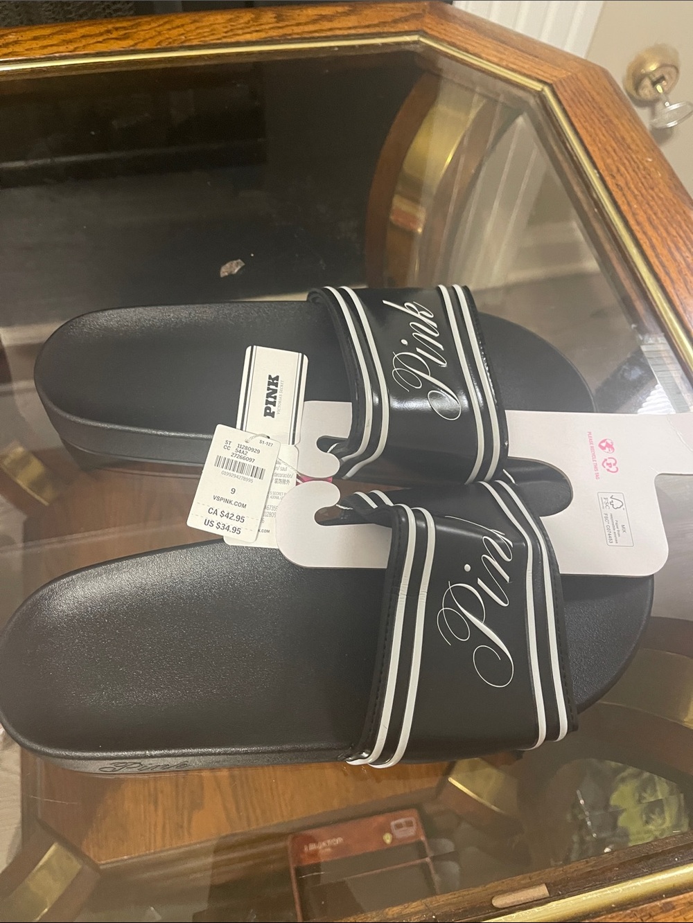 PINK Victoria's Secret Black Slide Sandals with White Script - Picture 4 of 7